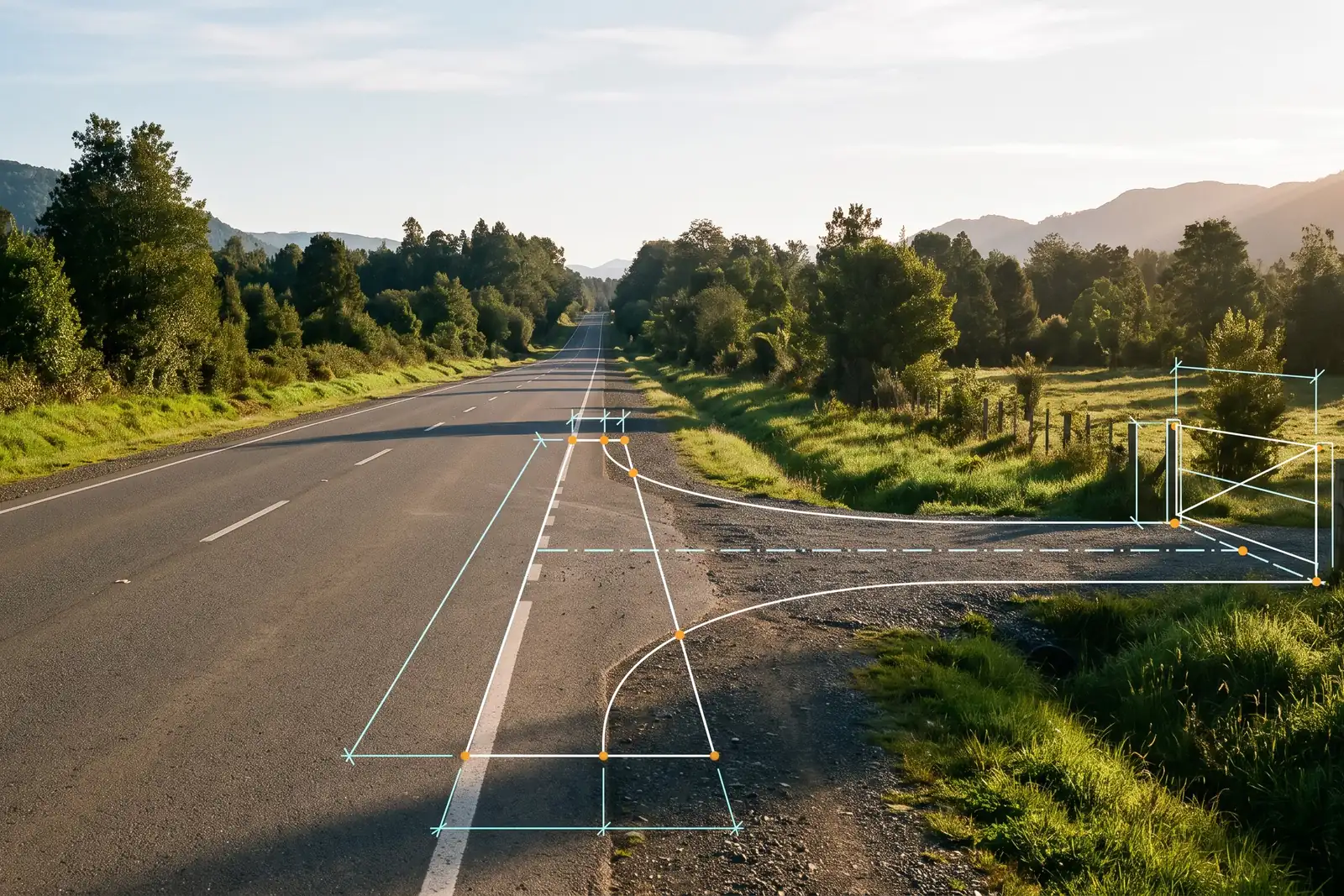 Ruta rural del sur de Chile a primera hora, con el proyecto de un acceso vehicular trazado sobre el terreno: radios de giro, pista de deceleración, eje del acceso y la línea del portón, con puntos de replanteo en ámbar